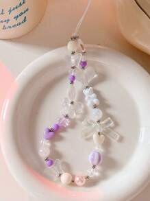Fresh Small Beaded Bracelet With Bowknot & Purple Flower Pendant, Handmade Chain, Detachable Strap, Anti-Lost Lanyard