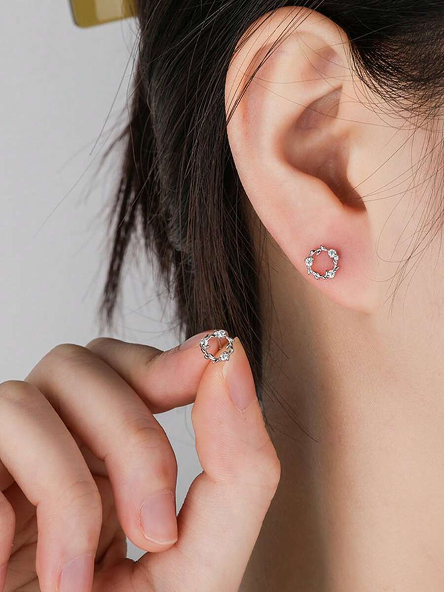 1pc S925 Sterling Silver Flower Wreath Stud Earrings For Women, Elegant, High-End, Mori Style, Zirconia Decoration, Suitable For Daily Wear