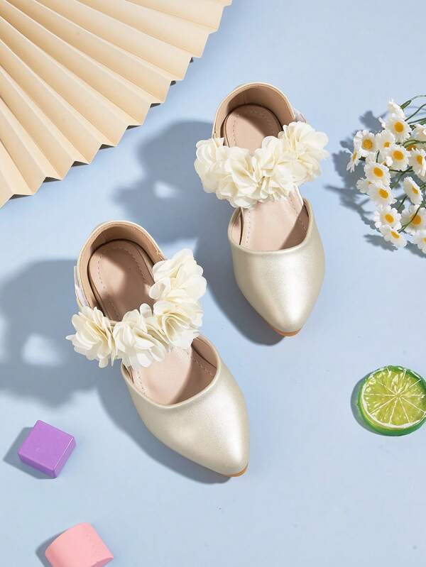 زوج أحذية بكعب متوسط بتصميم أزهار مفرغة أنيقة وشاملة مناسبة للبنات الصغيرات/الأطفال، مناسبة للربيع والصيف والخريف