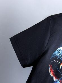 2 件装幼儿男童恐龙印花短袖 T 恤和短裤套装，圆领，松紧带，涤纶，适合夏季休闲和日常穿着 - 黑色 - 查看 5