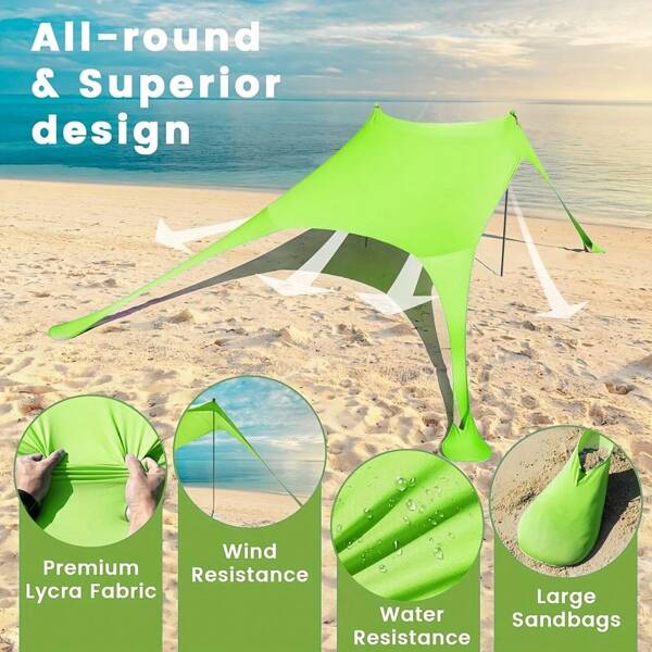 1 pieza Carpa de playa con toldo, Carpa de playa portátil de licra con estacas y postes de estabilidad, Sombra para exteriores para excursiones de camping, pesca, diversión en el patio trasero o picnics, artículos esenciales de playa