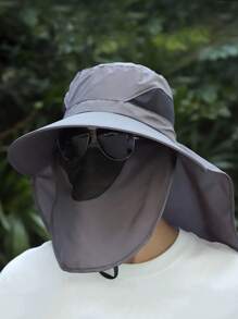 1 pieza Gorro protector de color liso de poliéster desmontable para cara y cuello, sombrero de cubo de verano con ala ancha para hombres