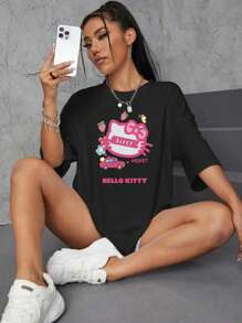Sanrio 1 pieza Camiseta de mujer de manga corta y cuello redondo con estampa de dibujos animados de Hello Kitty, prenda superior gráfica para ropa informal de verano, ropa interior y atuendos para mujer con personajes como Kuromi y My Melody