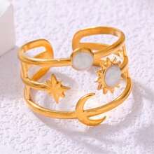 1-3pcs Fashion Bohemian Drip Oil Sun, Moon, Star, Stainless Steel Gold And Silver Open Rings, Suitable For Women Daily Wear Or As Valentine's Day Gift, Wedding, Beach