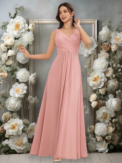 Volly Toych Dusty Pink 2025 Spring Elegant A-Line V-Neck Floor-Length Chiffon Formal Bridesmaid Dress, Wedding Guest Dress