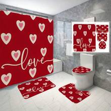 4 件花朵图案浴帘套装，婚礼季节奢华花朵浴帘，爱心，玫瑰个性化浴帘，带 12 个挂钩的涤纶面料浴帘，防滑速干浴室垫，马桶垫，浴室垫，座垫，防滑 U 型垫，婚礼装饰