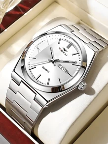 A Stylish, Fashionable, Casual, Business, Minimalist, High-End, Calendar, Stainless Steel Round Men's Watch.