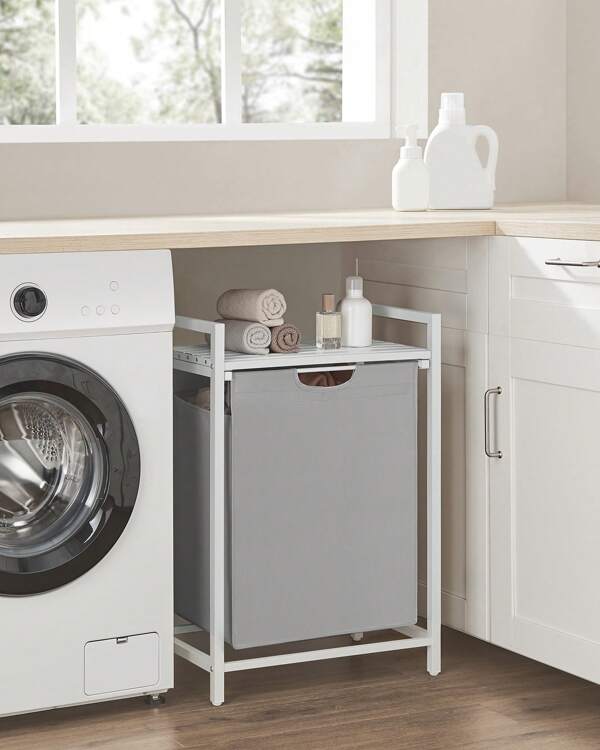 VASAGLE Wäschekorb mit Ablage, Wäschesack abnehmbar, Metallrahmen, 65 L