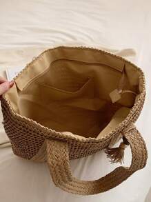 BAILEE A Stylish, Casual, Handcrafted, Solid-Colored Woven Tote Bag With Wooden Bead And Tassel Decorations, Perfect For Gifting. - Khaki - View 11