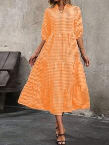 Polyester Fabric Pleated Texture Mid-Length Plaid Round Neck Elegant Casual A-Line Hem Short Sleeve Dress - Orange - View 2