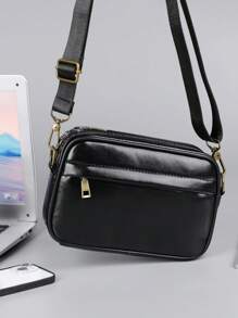 saroxi 1pc Minimalist Style Men's Diagonal Crossbody Bag, Square Shoulder Bag With Side Pockets, Multifunctional Anti-Scratch PU Leather Casual Bag, Black & Brown, Suitable For Commute, Gift For Boyfriend Office Bag Sling Bag