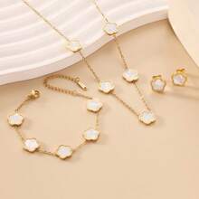 Conjunto de joyería de collar, pulsera y aretes con colgante de flor de 5 pétalos de acero inoxidable, accesorios de moda versátiles, mejor regalo para mujeres