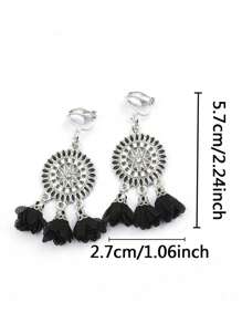 2pcs Retro Simple Exquisite Colorful Sunflower Cloth Ear Clips Bohemian Geometric Tassel Earrings For Women, Clip On Design - Clip - View 7