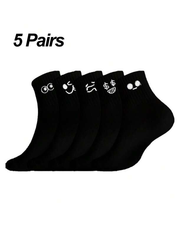 5 Pairs Unisex Funny Expression Breathable Sweat-Absorbent Mid-Calf Socks, Casual Socks, Suitable For College/Academy, Autumn/Winter