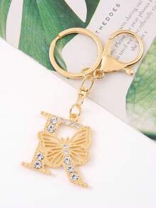 1pc Unisex A-Z Letters Rhinestone Decor Butterfly Style Matching Elegant English Alphabet Keychain - Gold - View 13