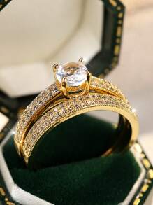 2 piezas Anillos de piedra oval de novia de lujo, juego de joyas de anillos de compromiso y boda de color negro dorado con circonita cúbica blanca (la caja de anillo es solo un accesorio para fotografía)