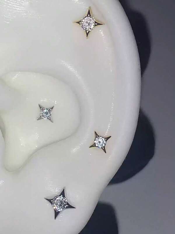 1 paar mini elegante vierpuntige ster zilverkleurige kubieke zirkonia oorbellen, geschikt voor kraakbeen piercing, dagelijks te dragen cadeau