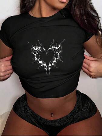 Maglietta neonato stile Y2K grunge con grafica cuore, maglietta neonato stile emo goth anni '90 estetica Y2K, maglietta con motivo cuore retrò punk, maglietta neonato slim fit stile Y2K