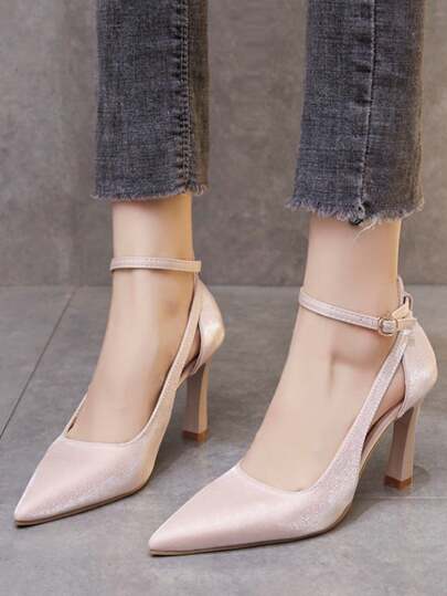 Pointed Toe Slip-On High Heel Sandals, Hollow Design, Fashion Buckle Strap, Beige, Spring/Autumn