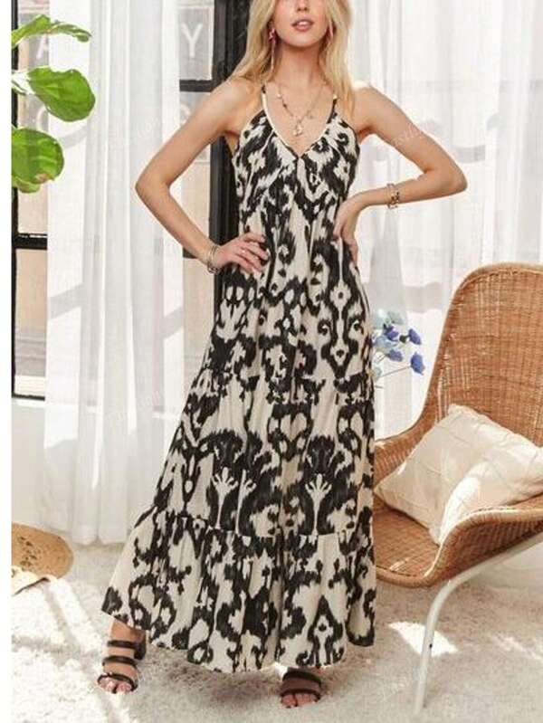 Vestido informal con tirantes finos y estampado completo de diosa de la moda