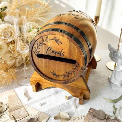 Brown Wooden Wedding Card Holder Box, For Reception, Whiskey Barrel Gift Card Box For Parties, Wedding Envelope Box With Slots And Stands, For Graduation, Bridal Shower, Birthday, Wedding Table Decor Summer Gifts Beach Back To School School Supplies Room Decor