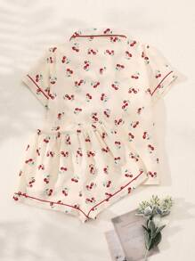 Set de 2 piezas de pijama de verano para mujer con estampado de cerezas, camisa de manga corta con botones y pantalones cortos, ropa de estar por casa casual de verano