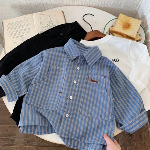 Young Boys Striped Shirt, 2025 Spring New Casual Stylish Embroidery Shirt For Kindergarten, Versatile
