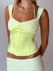 Women's Summer Tank Tops Sleeveless Halter Neck Contrast Color Corset Tops Shirts - Yellow - View 4