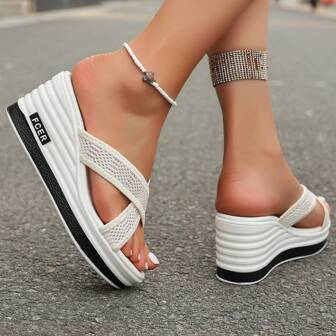 White Women Cross Strap High Heel Sandals, Platform Thick Sole Wedge Heel Slides, Polyurethane Thick Bottom Shoes, Vacation Casual Beach Sandals, Summer Women Slippers