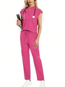 2 pièces/Set Ensemble de tenue professionnelle avec Top à encolure encochée et pantalon, Tenue de soins de santé