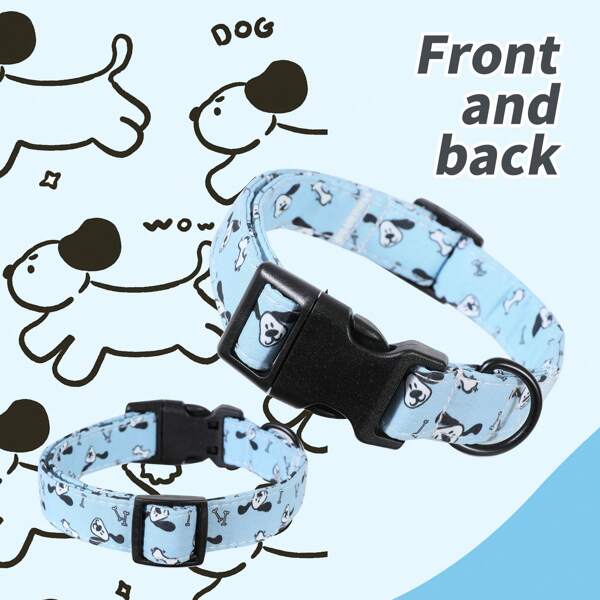 1pc Adjustable Cute Dog Pattern Soft Polyester Fiber Pet Collar With Safety Buckle, Suitable For Small To Medium Dogs, Unique Dog Head Print, Applicable For Indoor & Outdoor