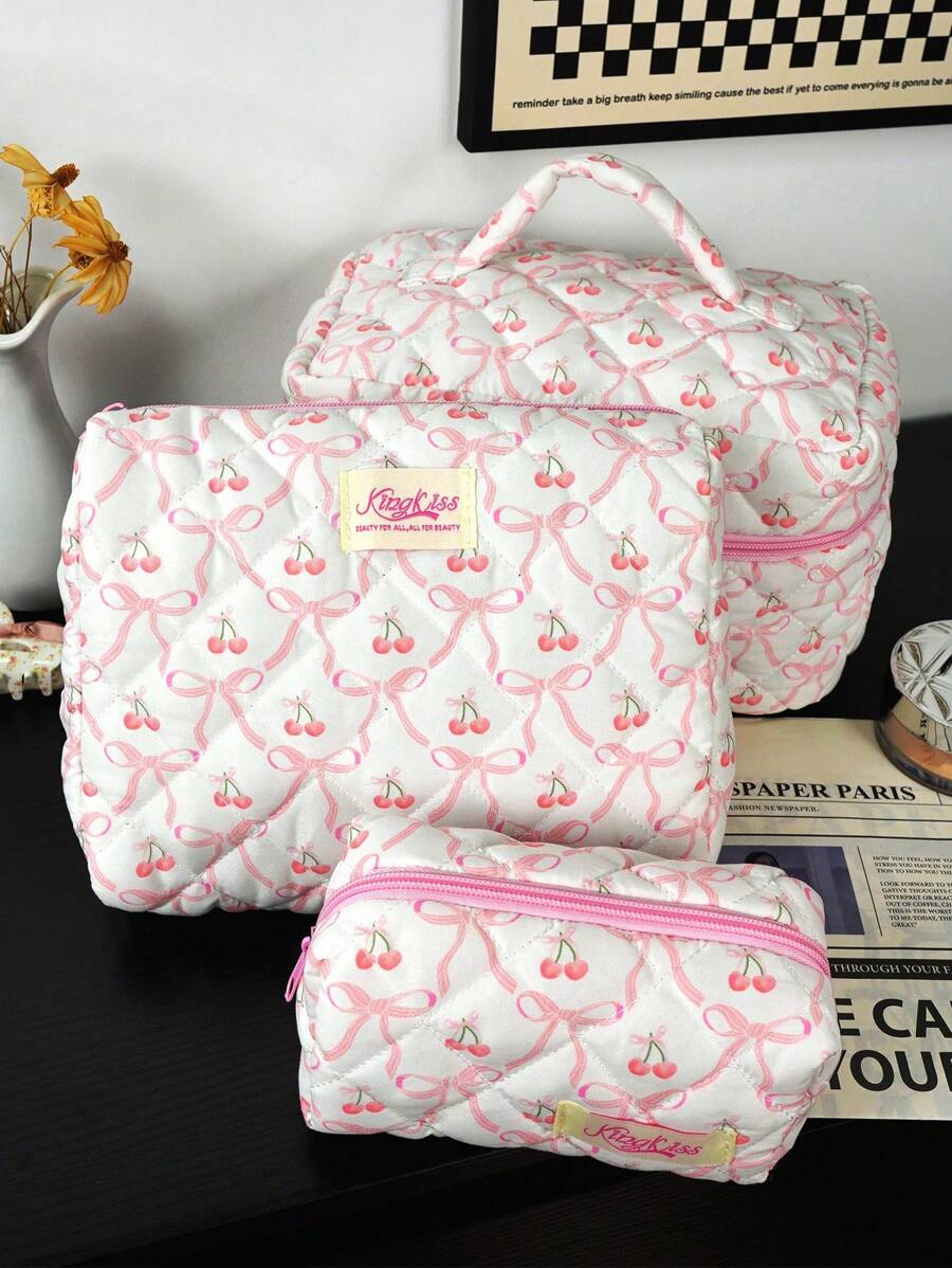 1Piece Pink Bow&Cherry Cosmetic Bag Flowers Quited Travel Cosmetic Bag, Quilted Toiletry Bag Large Capacity Women Makeup Bag Girls Make Up Storage Bag ,Makeup Pouch Skincare Bag Toiletry Bag ,Tampon Storage Bag Sanitary Pad Pouch Napkin Storage Bag For Travel, Vacation And School Use, Wedding Bridesmaid Gifts,Mom Gifts,Birthday Gifts,Gifts For Friends - Pink - View 1
