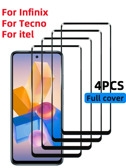 4 قطع من واقي الشاشة متوافق مع Tecno Infinix Itel ، فيلم زجاج مقسى عالي الدقة بصلابة 9H ، متوافق مع الحالات ، سهل التركيب ، مقاوم للخدش وخالي من الفقاعات [تغطية كاملة]
