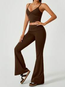 NcmRyu Women's High Stretch Solid Color Spaghetti Strap Padded Camisole & Flare Waist Yoga Pants Activewear Set