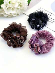 1pc Elegant Floral Double-Layer Large Hair Scrunchie, High Elasticity Hair Tie, Suitable For Women's Daily Use And HairstylingScrunchiesscrunchy Hair Ties