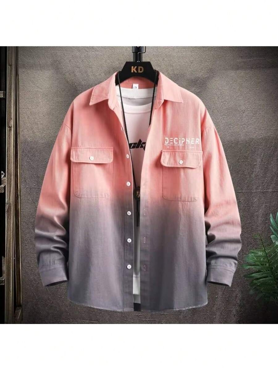 Stylish And Casual Men's Gradient Shirt Jacket For Spring And Autumn Loose Fit Long Sleeve Lettered Shirt