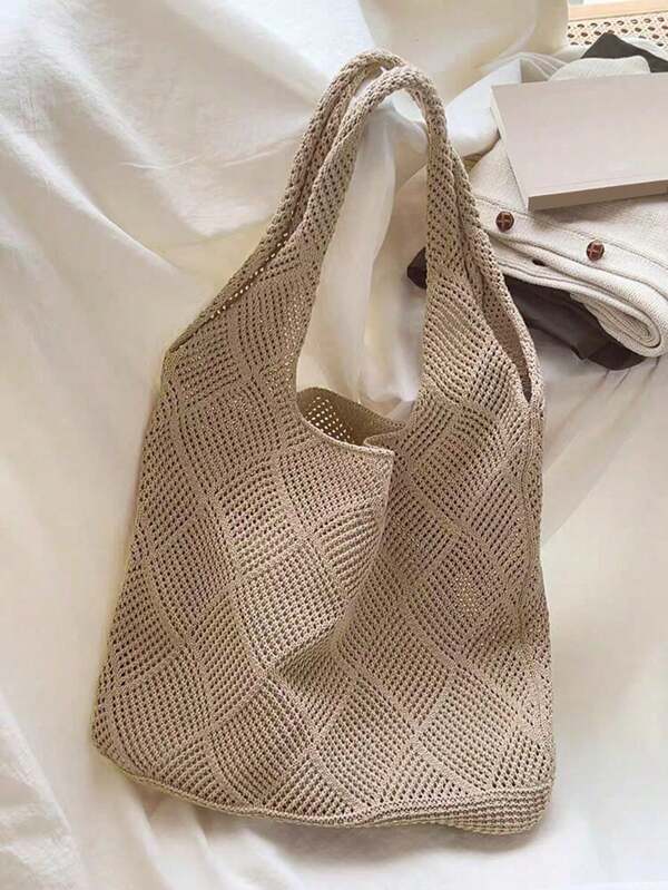 Damska torba na ramię z dzianiny Hollow Knitted, prosta torebka szydełkowa, lekka, swobodna, pusta, szydełkowana torba w stylu wakacyjnym dla nastolatek, idealna na studia, na zewnątrz, w podróż, na wycieczki, na wakacje, na plażę, na ramię, na zakupy