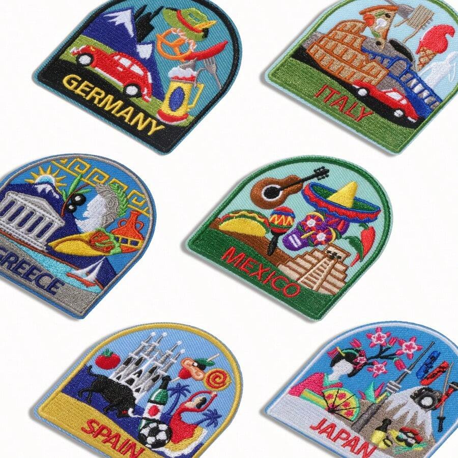 1 paquete de parches bordados de monumentos culturales mundiales, se pueden planchar o coser, adecuado para accesorios de moda DIY para ropa, mochilas, sombreros, con opciones de Alemania, Italia, España, México, Japón, Grecia, colección de insignias de viaje - Multicolor - Ver 1