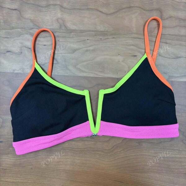 popvil 2 piezas Bikini de verano para mujer de bloques de color neón con tirantes de espagueti para piscina y vacaciones en la playa, traje de baño, conjunto de bikini de vacaciones de verano en la playa