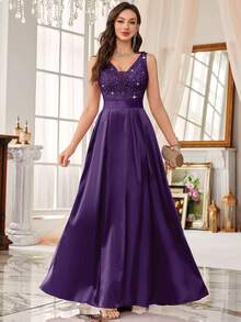 MIUSOL Váy dự tiệc sang trọng bằng vải satin cổ chữ V sâu, ren hoa, không tay, dáng chữ A, váy dự tiệc sang trọng, dự tiệc tốt nghiệp, tiệc tối - Màu tím - Xem 4