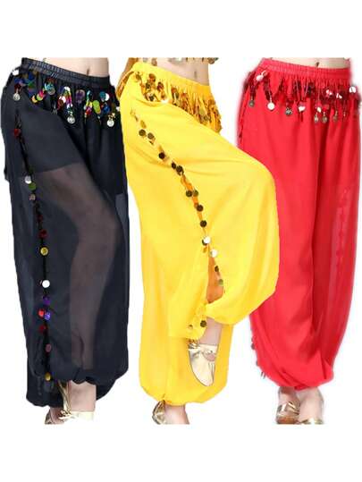 Women Belly Dance Coins Lantern Pants Side Slit Sequin Chiffon Pants Baggy Arabic Harem Pants Halloween Costume Party Dancewear