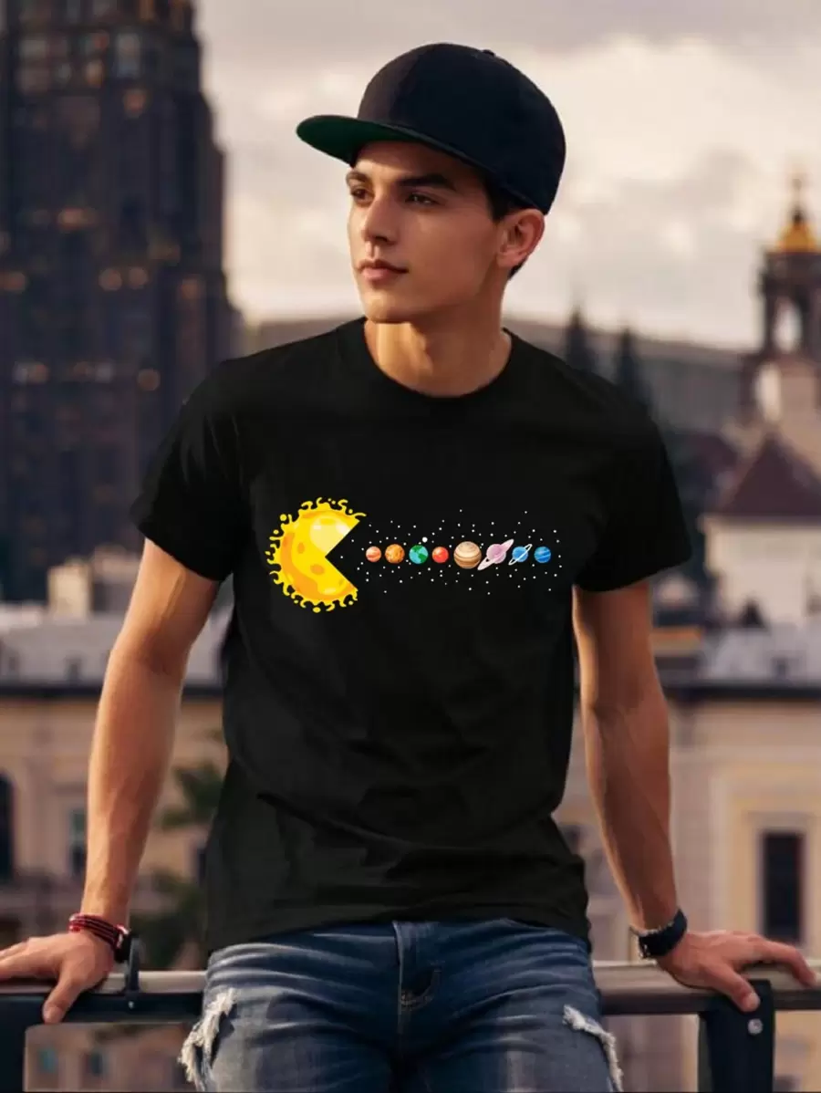 Boys & Teenagers' Casual Crew Neck Short Sleeve T-Shirt With Funny Cosmic Planet Pattern, Versatile For Daily, Street, Outdoor, School Commute - Black - View 1