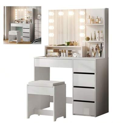 Tocador de dormitorio con espejo, bombilla LED y taburete, tocador con dos cajones y múltiples divisiones y una puerta (blanco)