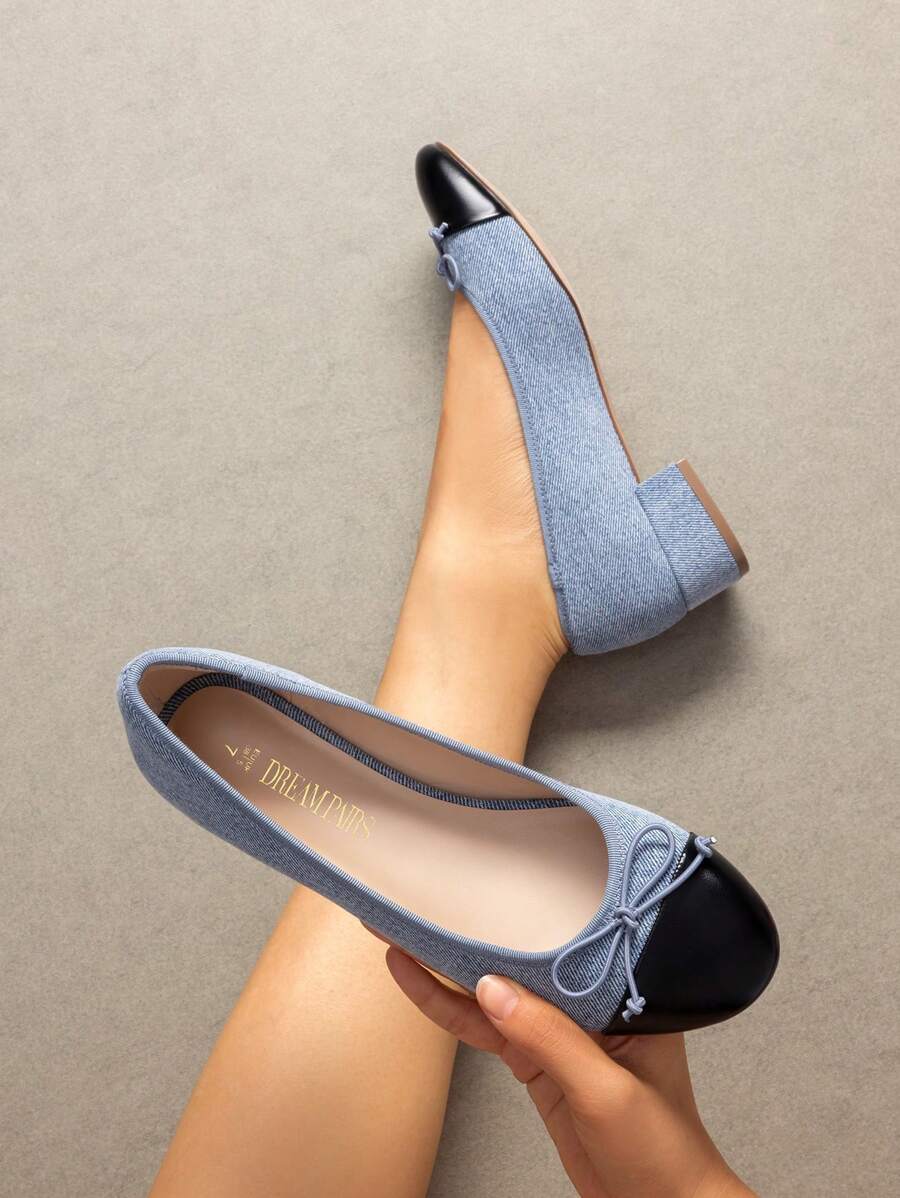 Women's Chunky Heel Ballet Flats Slip-On Bowknot Low Heel Pumps Shoes For Work & Casual Wear - Màu xanh lam - Xem 1