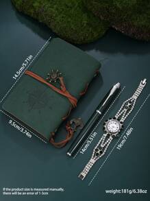 3-Piece Set: Women's Fashionable Versatile Hand Chain Quartz Wristwatch + Pen + Notebook - Dark Green - View 6
