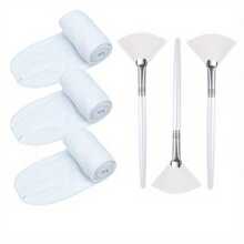 Facial Headband Face Mask Brush Set, Adjustable Towel Wrap, Soft Fan-Shaped Masks Brush, Non-Fragrance Polyester Brush Handle, Suitable For Normal Skin, ABS Plastic Handle Women Beauty Tool