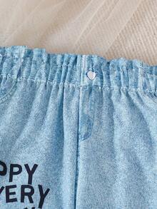 2pcs/Set Summer Young Girls Cartoon Cat Print Sleeveless Round Neck Tank Top & Denim Effect Heart Print Flare Pants - Pink - View 6