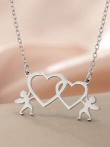 1 pieza Collar con colgante en forma de corazón de Cupido de acero inoxidable para mujer, regalo de pareja con forma de corazón de moda casual - Serie de moda - Ver 5