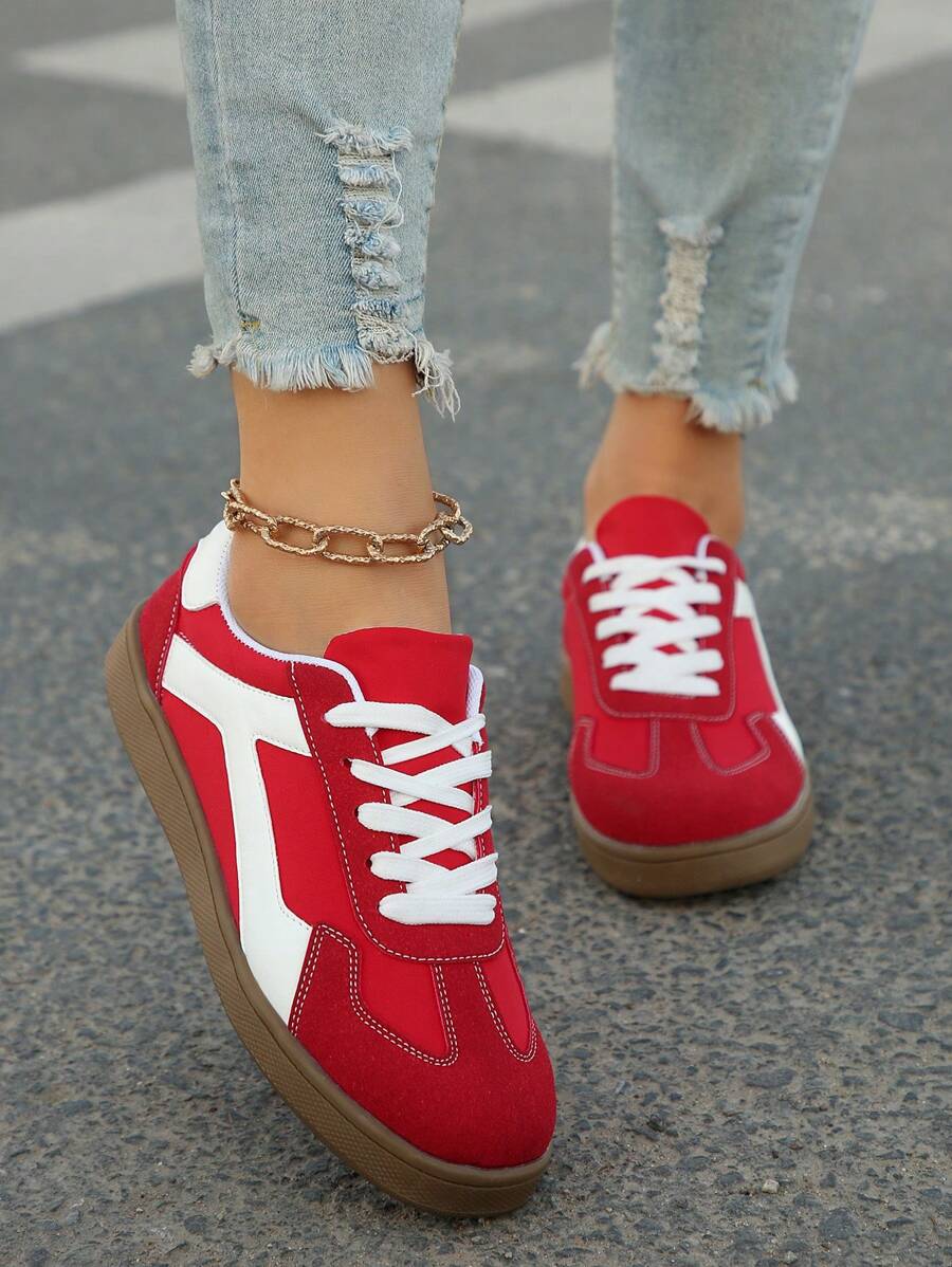 Women's New Outdoor Casual Lace-Up Round Toe Sneakers For All Seasons, Comfortable & - Red - View 1