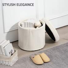HOMCOM 40cm Round Storage Ottoman, Corduroy Footstool With Removable Lid And Legs, Vanity Stool For Living Room, Bedroom - Beige - View 4